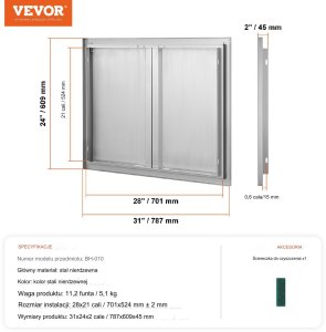 Vevor Drzwi do zabudowy grilla 79x61cm nierdzewne wpuszczane uchwyty ogród taras 8