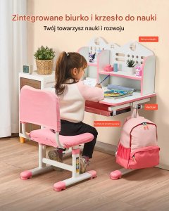 Biurko dla dziecka z krzesłem regulowane z półką szufladą różowe do nauki 11