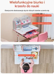 Biurko dla dziecka z krzesłem regulowane z półką szufladą różowe do nauki 9