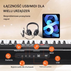 Keyboard 61 klawiszy przenośny z regulowanym stojakiem do nauki i koncertów 8