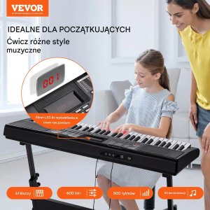 Keyboard 61 klawiszy przenośny z regulowanym stojakiem do nauki i koncertów 10