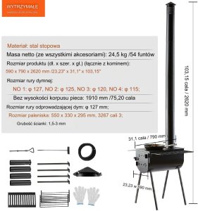 Kuchenka piec kempingowy grzejny do namiotu opalany drewnem komin 262 cm 6