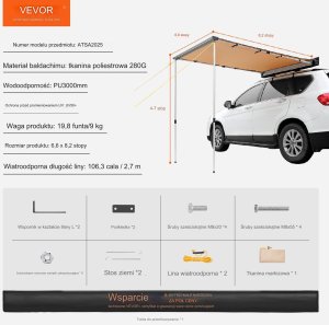 Markiza samochodowa zadaszenie samochodu kemping 2x2.5m 5