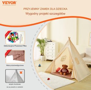 Vevor Namiot tipi dla dzieci 1-5 lat z matą i piłkami do pokoju 118x118 cm 13