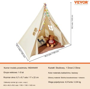 Vevor Namiot tipi dla dzieci 1-5 lat z matą i piłkami do pokoju 118x118 cm 8
