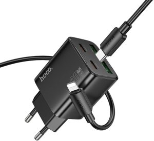 Ładowarka sieciowa do telefonu Hoco 2 x USB C + 2 x USB A QC3.0 PD 3A 20W + kabel USB C do Lightning N55 czarna 2