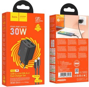 Ładowarka sieciowa do telefonu Hoco 2 x USB C + 2 x USB A QC3.0 PD 3A 30W + kabel USB C do USB C N56 czarna 3