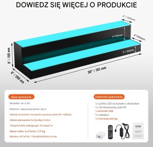 Podświetlana półka na alkohol 76cm sterowanie RF/aplikacja 2-poziomy bar 2