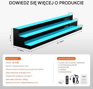 Podświetlana półka na alkohol 152cm sterowanie RF/aplikacja 3-poziomy bar 2