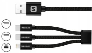 Kabel USB Swissten USB-A - USB-C + microUSB + Lightning 1.2 m Czarny (8595217481541) 2