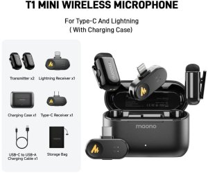 maono Wave T1 Mini (USB-C &amp; Lightning + Charge Case) Black (Juodi) Belaidžiai Mikrofonai 5