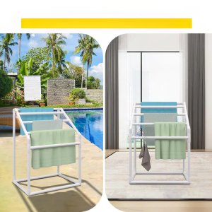 Wieszak na ręczniki basenowe 5 ramion stojący PVC z klipsami i koszem 4