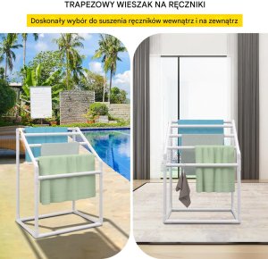 Wieszak na ręczniki basenowe 5 ramion stojący PVC z klipsami i koszem 8