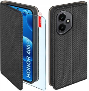 Etui z klapką do Honor 400 Zamykane Czarne Futerał + Szkło 9H 2