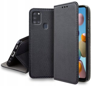Etui z klapką do Samsung A21s Zamykane Czarne Futerał + Szkło 9H 3