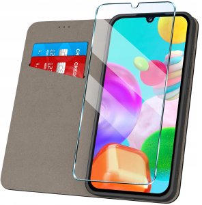 Etui z klapką do Samsung A41 Zamykane Czarne Futerał + Szkło 9H 2