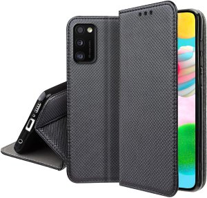 Etui z klapką do Samsung A41 Zamykane Czarne Futerał + Szkło 9H 5