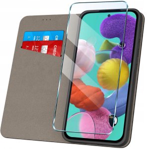 Etui z klapką do Samsung A51 Zamykane Czarne Futerał + Szkło 9H 2