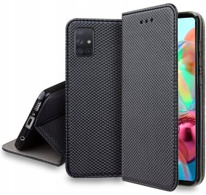 Etui z klapką do Samsung A51 Zamykane Czarne Futerał + Szkło 9H 4