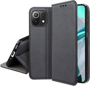 krainaGSM Etui z klapką do Xiaomi Mi 11 Lite 4G| 5G Zamykane Czarne Futerał +Szkło 9H 5