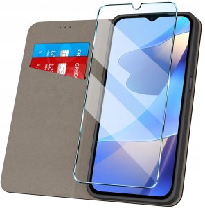 Etui z klapką do Oppo A16 | A16s Zamykane Czarne Futerał + Szkło 9H 2