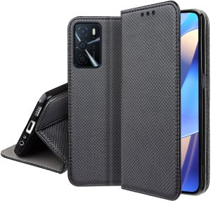 Etui z klapką do Oppo A16 | A16s Zamykane Czarne Futerał + Szkło 9H 5