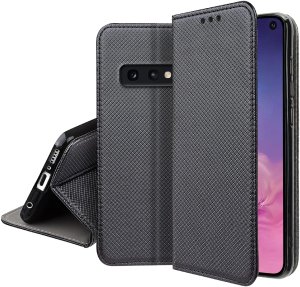 Etui z klapką do Samsung S10e Zamykane Czarne Futerał + Szkło 9H 5