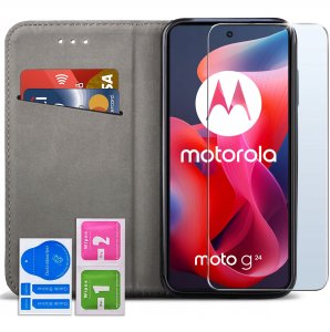 krainaGSM ETUI SKÓRZANE do MOTOROLA MOTO G24|G04 MAGNETYCZNE BOOK CASE TOKRA SZKŁO 9H 2