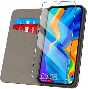 Etui z klapką do Huawei P30 Lite Zamykane Czarne Futerał + Szkło 9H 2