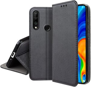 Etui z klapką do Huawei P30 Lite Zamykane Czarne Futerał + Szkło 9H 5