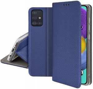 Etui z klapką do Samsung A51 Zamykane Granatowe Futerał + Szkło 9H 5