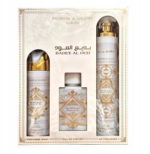 SET LATTAFA Honor &amp; Glory Badee Al Oud EDP spray 100ml + PERFUMED SPRAY 200ml + AIR FRESHENER 300ml 3