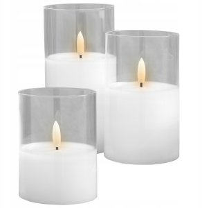 Ozdobne świece świeczki LED szkło białe, zestaw 3 sztuki + pilot 2