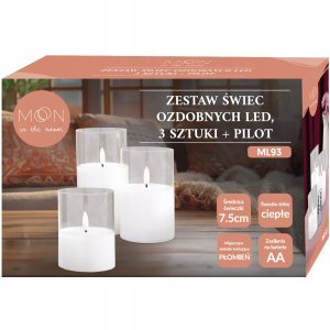 Ozdobne świece świeczki LED szkło białe, zestaw 3 sztuki + pilot 3