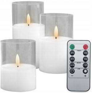 Ozdobne świece świeczki LED szkło białe, zestaw 3 sztuki + pilot 4