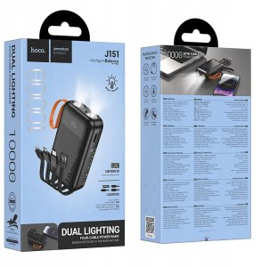 Powerbank Hoco Powerbank Hoco 10000 mAh 2A z wbudowanymi kablami USB A + USB C + Lightning + Micro USB oraz podwójną latarką J151 czarny 8