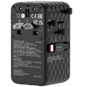 Verbatim Travel Adapter EU/UK/US GaN 1xUSB-C/1xUSB-A/2xUSB-C PD 70W black 30186 2