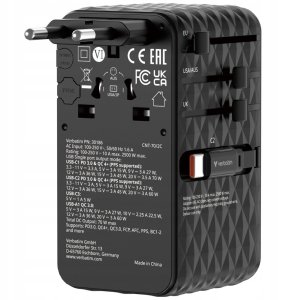 Verbatim Travel Adapter EU/UK/US GaN 1xUSB-C/1xUSB-A/2xUSB-C PD 70W black 30186 3