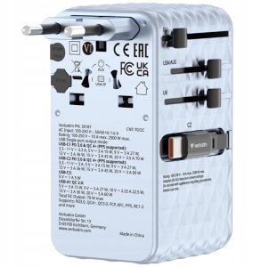 Verbatim Travel Adapter EU/UK/US GaN 1xUSB-C/1xUSB-A/2xUSB-C PD 70W blue 30187 2