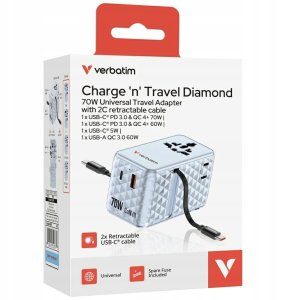 Verbatim Travel Adapter EU/UK/US GaN 1xUSB-C/1xUSB-A/2xUSB-C PD 70W blue 30187 5