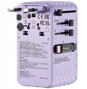 Verbatim Travel Adapter EU/UK/US GaN 1xUSB-C/1xUSB-A/2xUSB-C PD 70W purple 30188 2