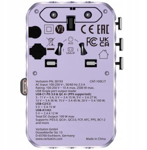 Verbatim Travel Adapter EU/UK/US GaN 2xUSB-C/2xUSB-A/1xUSB-C PD 100W purple 30193 2