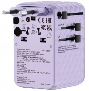 Verbatim Travel Adapter EU/UK/US GaN 2xUSB-C/2xUSB-A/1xUSB-C PD 100W purple 30193 3