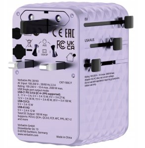 Verbatim Travel Adapter EU/UK/US GaN 2xUSB-C/2xUSB-A/1xUSB-C PD 100W purple 30193 5