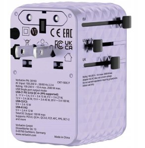 Verbatim Travel Adapter EU/UK/US GaN 2xUSB-C/2xUSB-A/1xUSB-C PD 100W purple 30193 6