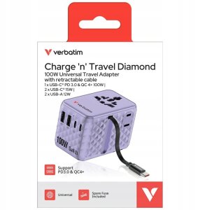 Verbatim Travel Adapter EU/UK/US GaN 2xUSB-C/2xUSB-A/1xUSB-C PD 100W purple 30193 7