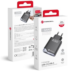 Ładowarka sieciowa do telefonu Forcell F-Energy Ultra Slim GaN III USB C + USB A PD QC4.0 3A 45W B245202(1A1C) czarna 5