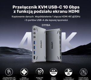 Przełącznik Unitek Unitek Przełącznik KVM USB-C 10Gbps z HDMI i transferem plików między systemami 15