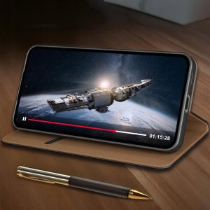 Etui do Samsung S25 FE SKÓRZANE CZARNE ZAMYKANE MAGNETYCZNE + SZKŁO 5