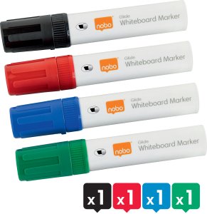Nobo Glide whiteboard marker bred skrå spids 10 mm hurtigttørrende blæk, pakke/4 stk. Assorteret 6